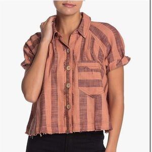 Free People We The Free Away At Sea Button Down Raw Edge Blouse